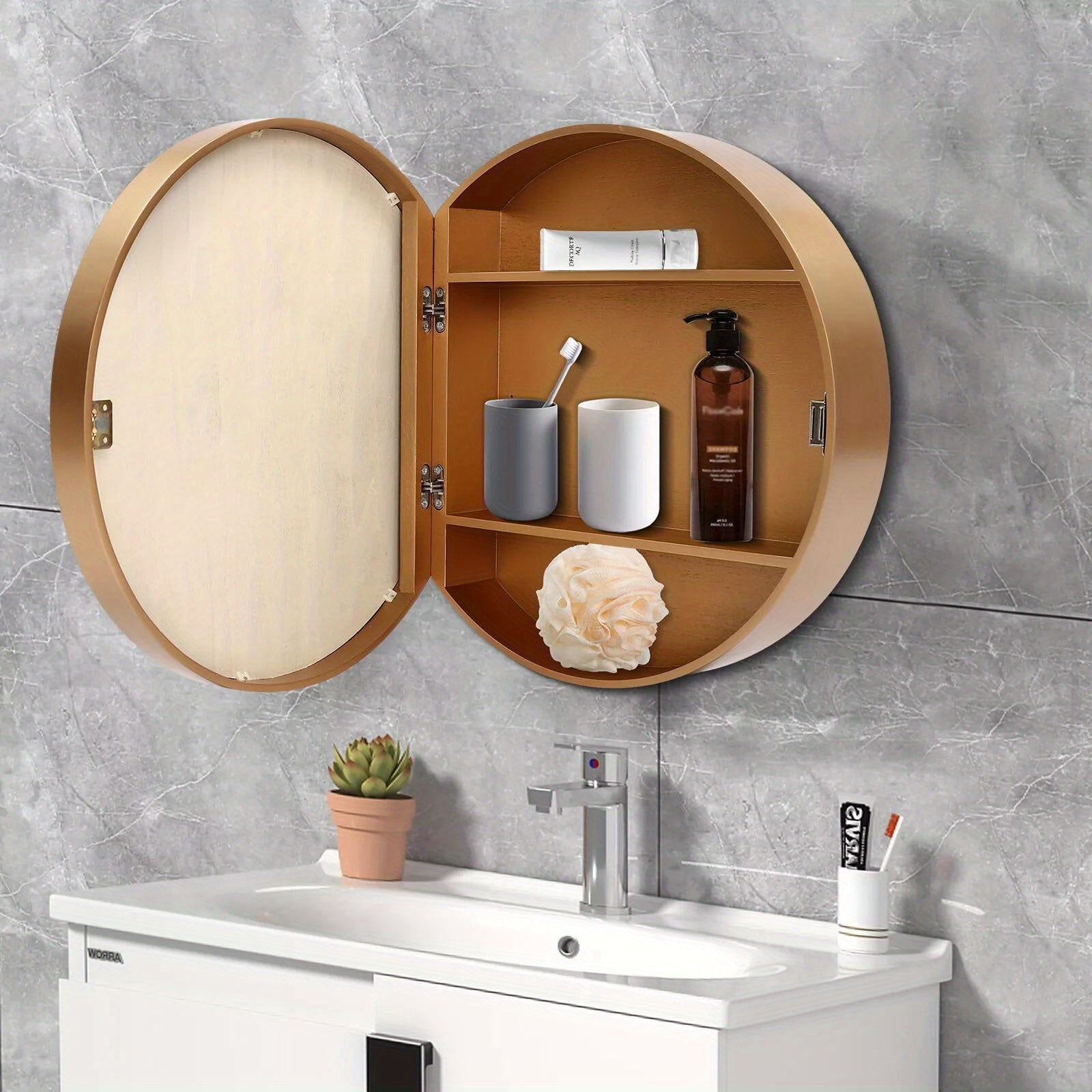 CNCEST Round Golden Bathroom Mirror Cabinet Wall-mounted Organizer Makeup Mirror Cabinet
