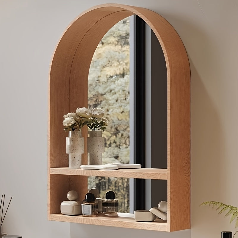 Wall-Mounted Vanity Mirror Solid Beech Wood Wall-Mounted Makeup Vanity Mirror with Integrated Storage Shelves - Coastal-Themed Arched Design, Polished Finish for Bedroom, Entryway, Bathroom Decor, Natural Grain Finish