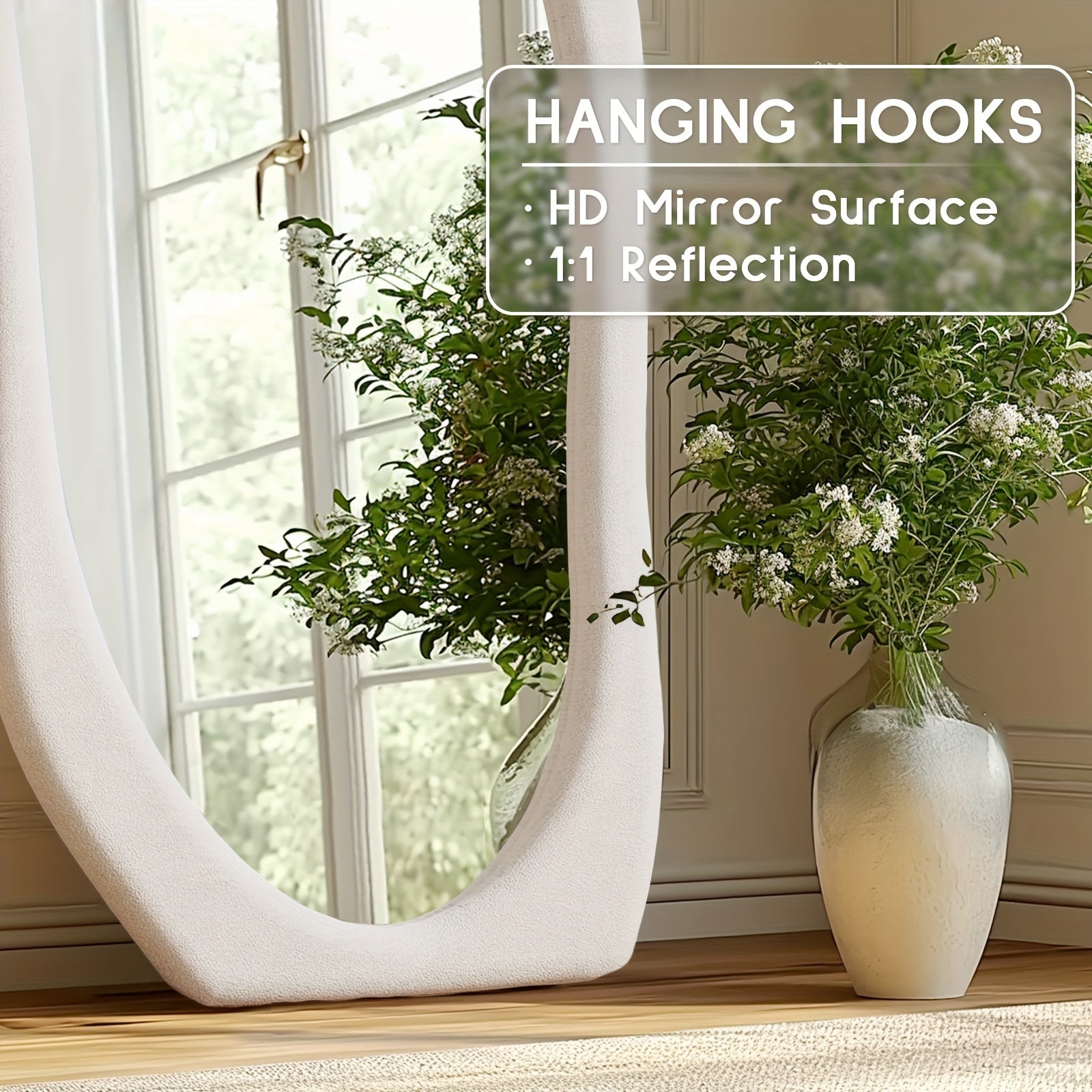 Non-Standard Full-Length Mirror Featuring an Ivory Flannel Frame, Suitable for Leaning Or Hanging in Bedrooms, Cloakrooms, And Living Rooms