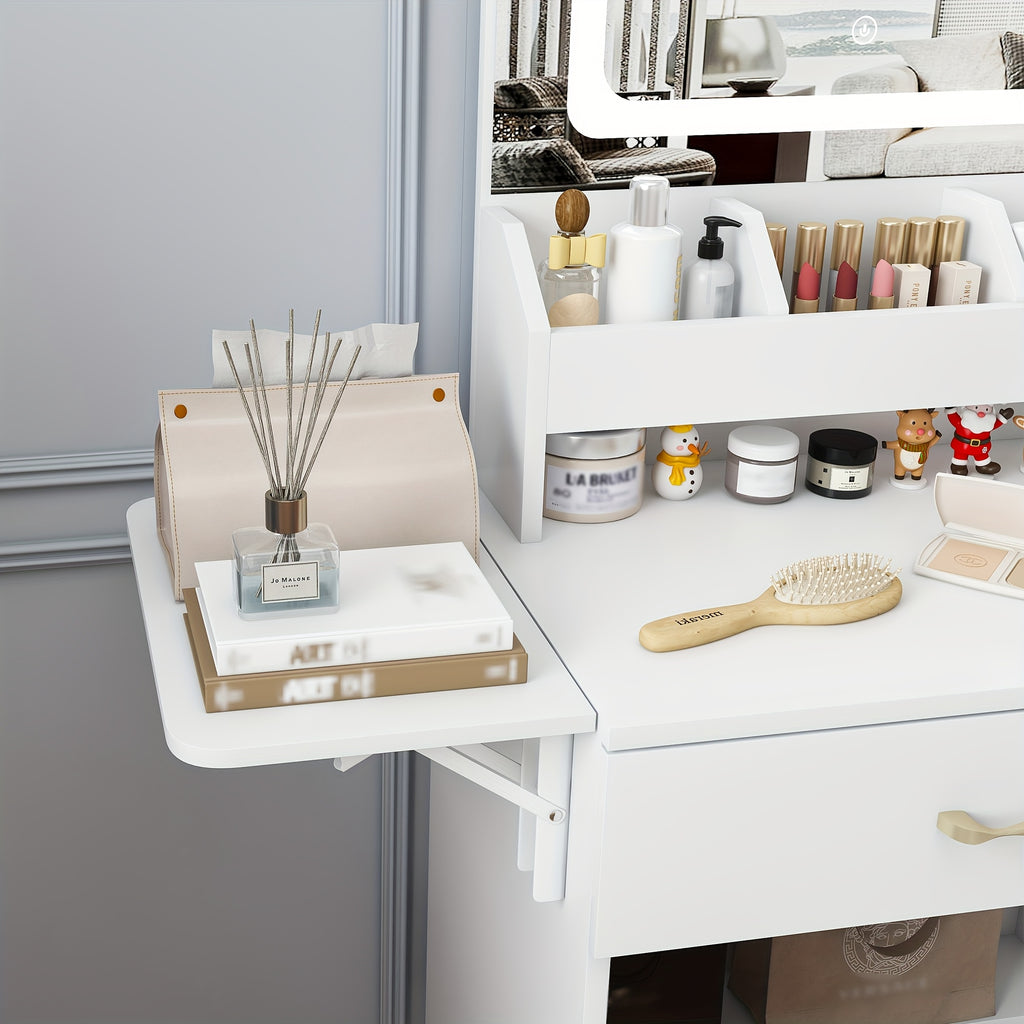 Modern Vanity Desk with LED Mirror Lights & Power Outlet Charging Station - Makeup Dressing Table with 3 Drawers, 7 Shelves & Storage Stool Suitable for Girls and Women