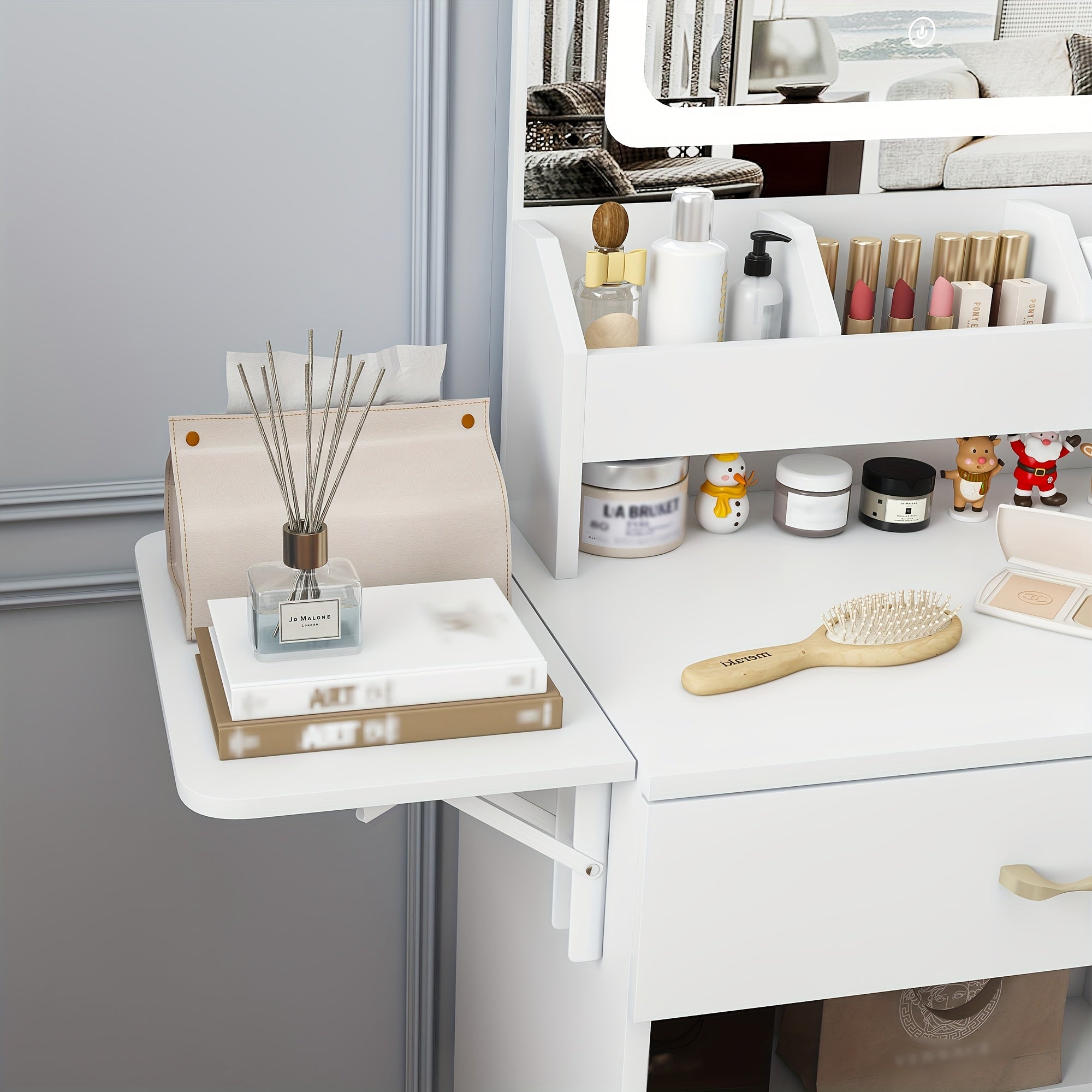 Modern Vanity Desk with LED Mirror Lights & Power Outlet Charging Station - Makeup Dressing Table with 3 Drawers, 7 Shelves & Storage Stool Suitable for Girls and Women