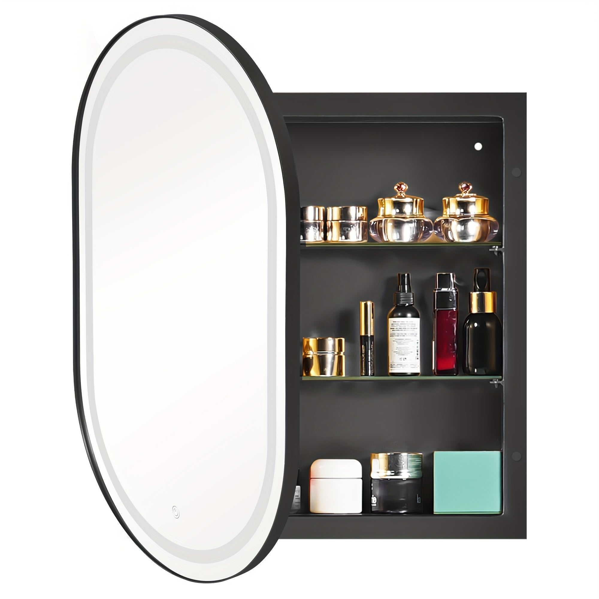 SOGES Modern Wall-Mounted Mirror Medicine Cabinet with Adjustable LED & Shelves - Oval Bathroom Storage Unit, Deep Metal Frame Suitable for Bathroom, Space-Saving Medicine Cabinet for, Doors\u002FHardware Color Options