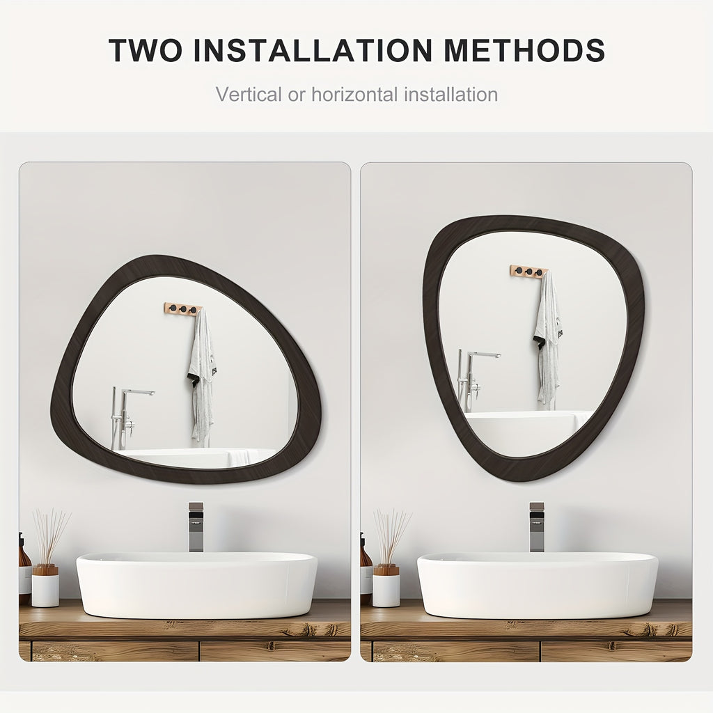 1pc 19*23in Fashionable Pebble Asymmetric Wood Mirror For Home Decor, Bathroom And Living Room, Wall-Mounted Vanity Mirror, Natural, Walnut And Black