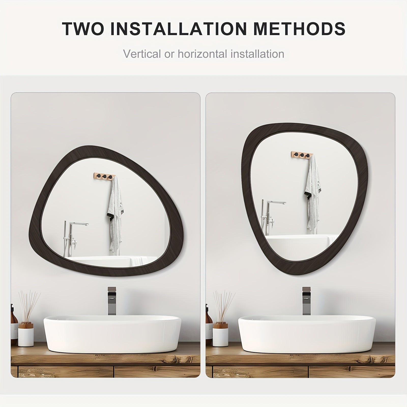 1pc 19*23in Fashionable Pebble Asymmetric Wood Mirror For Home Decor, Bathroom And Living Room, Wall-Mounted Vanity Mirror, Natural, Walnut And Black