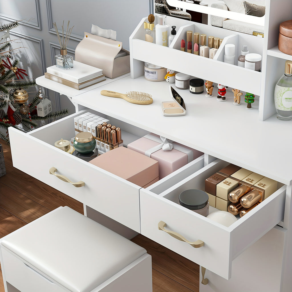 Modern Vanity Desk with LED Mirror Lights & Power Outlet Charging Station - Makeup Dressing Table with 3 Drawers, 7 Shelves & Storage Stool Suitable for Girls and Women