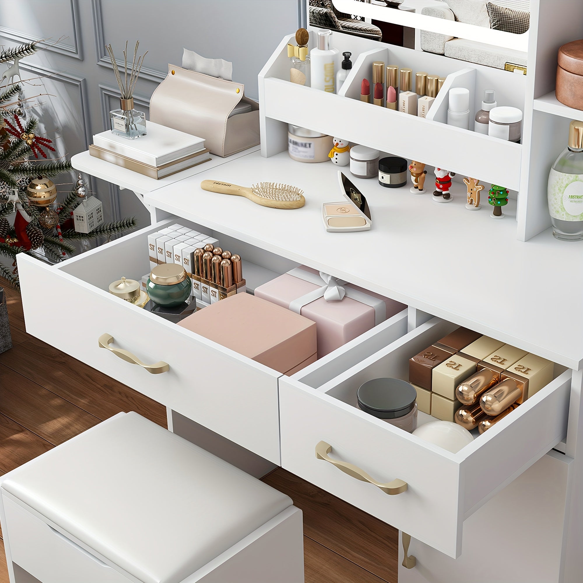 Modern Vanity Desk with LED Mirror Lights & Power Outlet Charging Station - Makeup Dressing Table with 3 Drawers, 7 Shelves & Storage Stool Suitable for Girls and Women