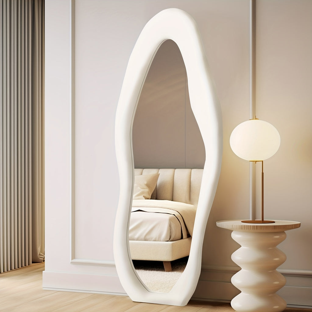 Non-Standard Full-Length Mirror Featuring an Ivory Flannel Frame, Suitable for Leaning Or Hanging in Bedrooms, Cloakrooms, And Living Rooms