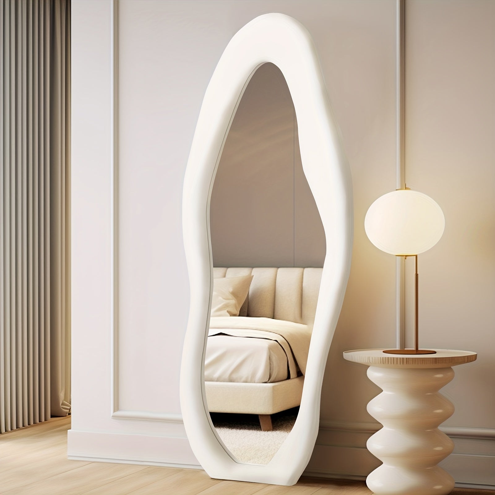 Non-Standard Full-Length Mirror Featuring an Ivory Flannel Frame, Suitable for Leaning Or Hanging in Bedrooms, Cloakrooms, And Living Rooms