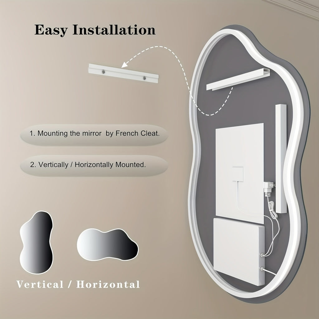 Cloud Shaped Bathroom Mirror | Smart Vanity Mirror with LED Lights, Fog-Free Dimmable Backlit, Memory Function for Horizontal\u002FVertical Mount, Intelligent Bathroom Lighting System