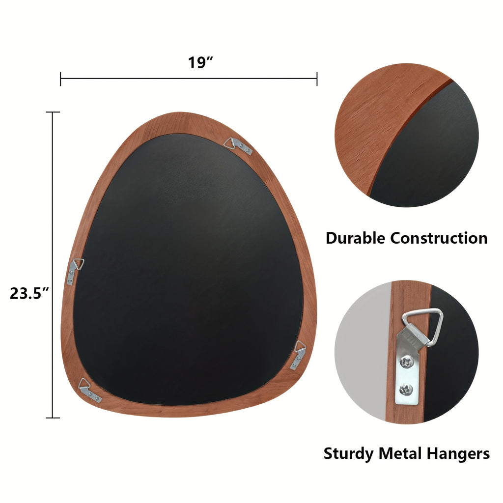 1pc 19*23in Fashionable Pebble Asymmetric Wood Mirror For Home Decor, Bathroom And Living Room, Wall-Mounted Vanity Mirror, Natural, Walnut And Black