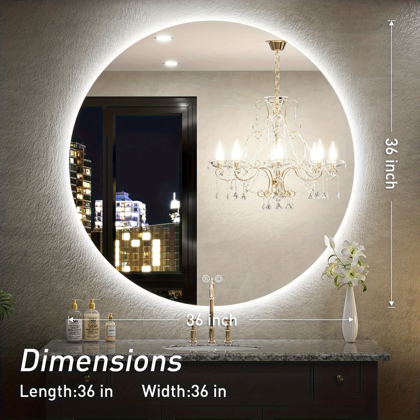 36 Inch LED Backlit Round Mirror for Vanity, Dimmable Lighted Bathroom 6000K Wall Mounted Mirror with Lights, Anti-Fog, Touch Switch And CRI 90+, Makeup Mirror, Grooming Mirror, Sleek Design, Decorative Mirror, Antifog Mirror, Color Temperature