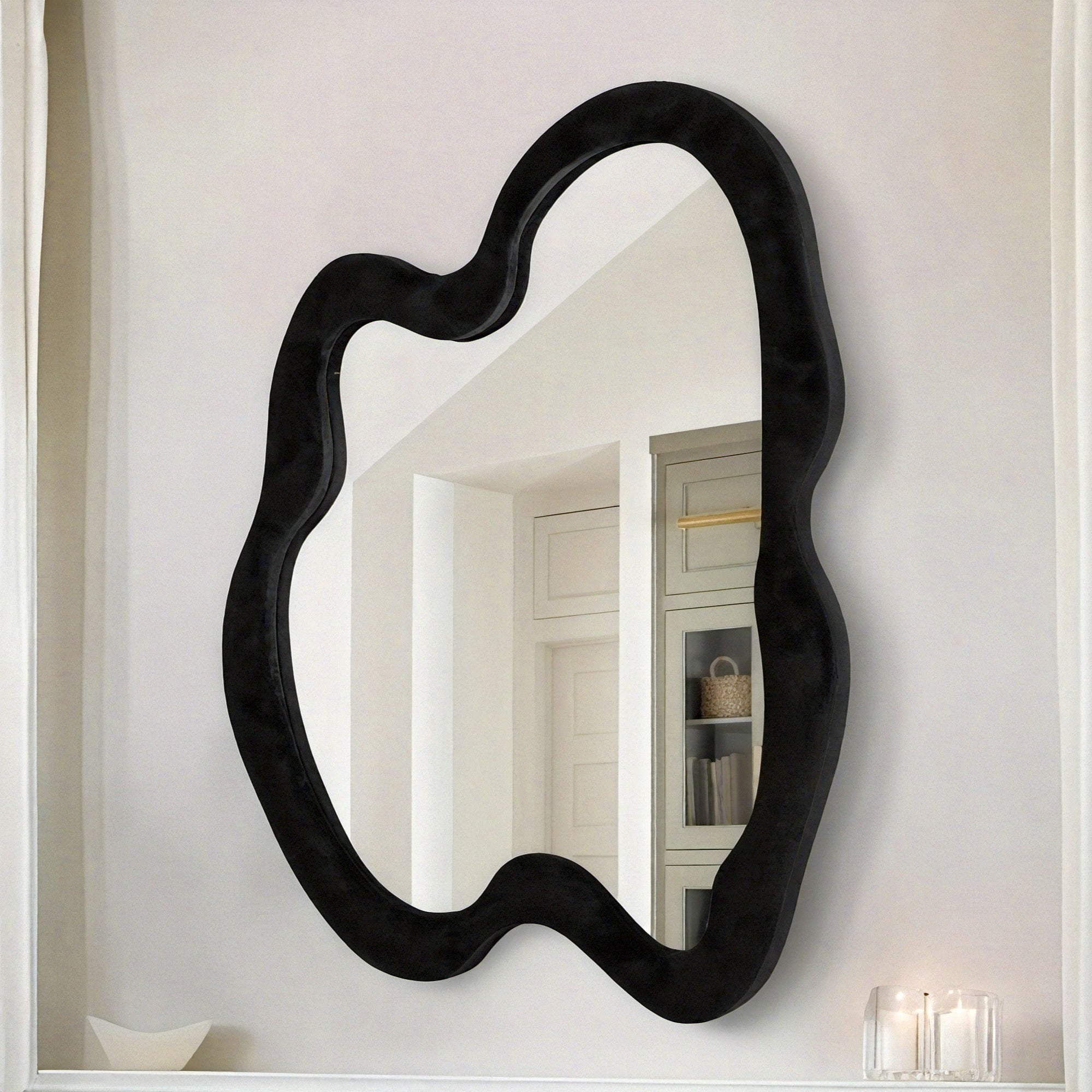 Irregular Mirror, Asymmetrical Wall Mirror, Black Wavy Mirror With Flannel Wrapped Wooden Frame, Modern Decorative Mirror For Living Room, Entryway, Bedroom, Dining Room, Living Room