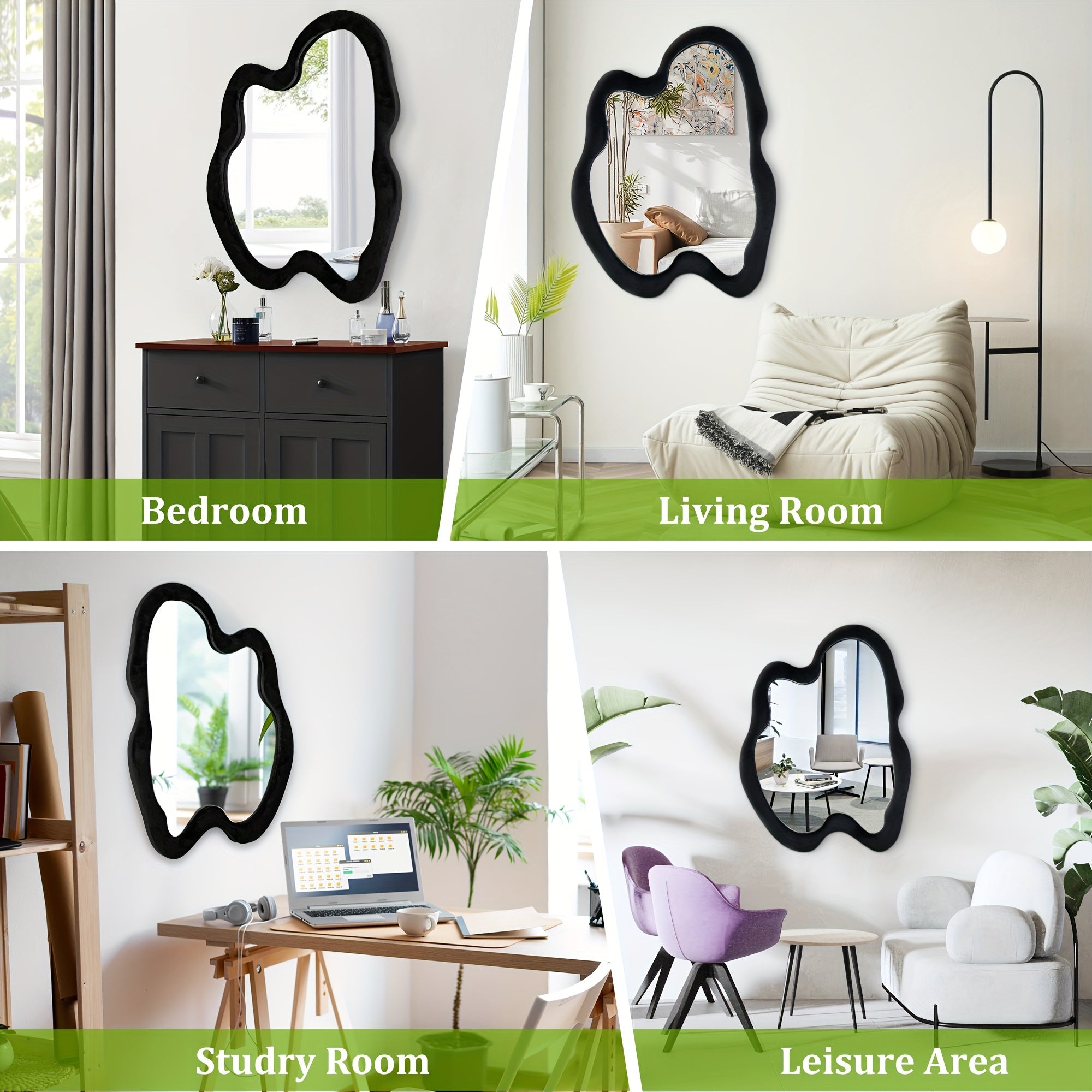 Irregular Mirror, Asymmetrical Wall Mirror, Black Wavy Mirror With Flannel Wrapped Wooden Frame, Modern Decorative Mirror For Living Room, Entryway, Bedroom, Dining Room, Living Room