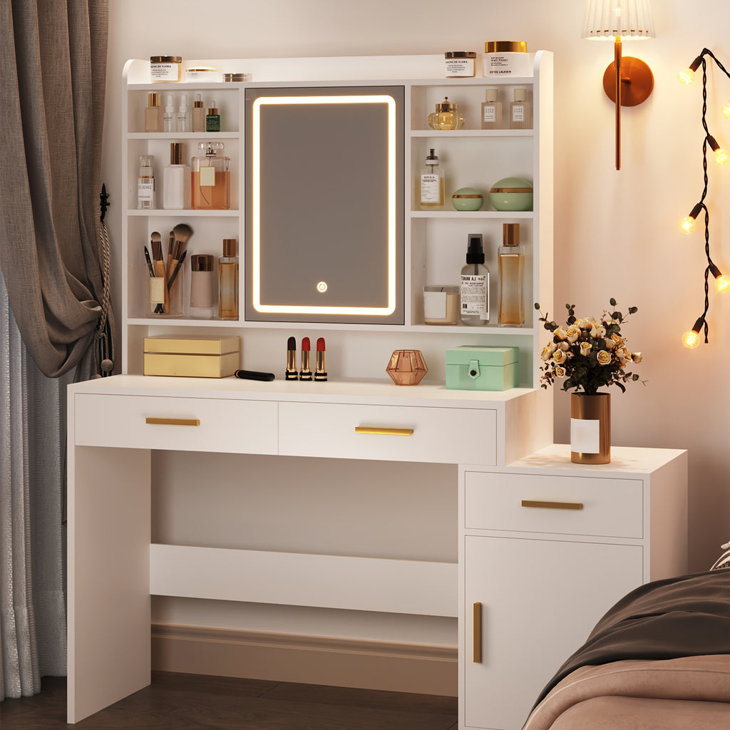 Large Vanity Desk with Light Mirror, Makeup Vanity Dressing Table with 3 Drawers, 6 Adjustable Shelves, Storage Cabinet, Bedroom Vanity Table for Women, Holiday Gift Guide