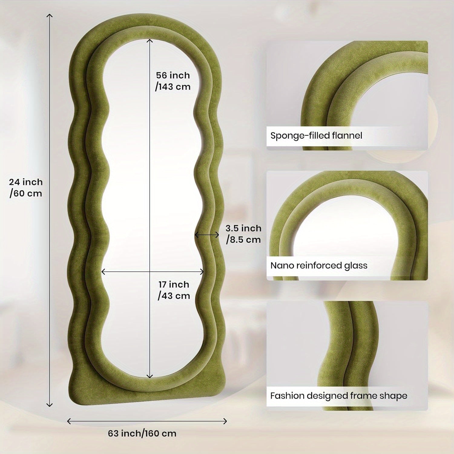 63x24 Inches Flannel Frame Wavy Full Length Mirror, Hanging or Leaning Mirror, Irregular Makeup Mirror Elegant Wall Mirror for Bedroom Cloakroom Bathroom Living Room Decorative