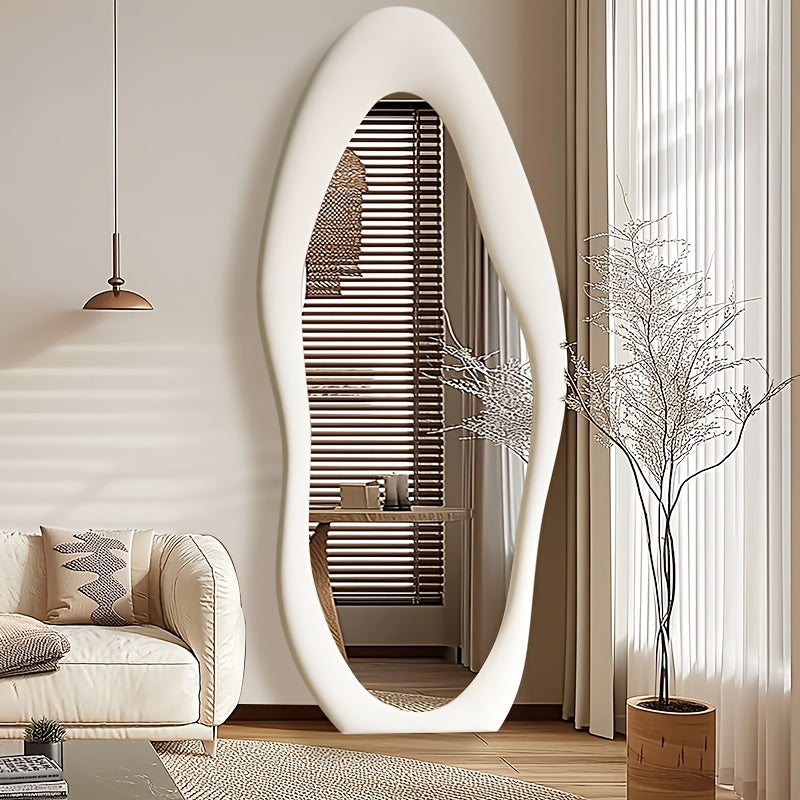 Non-Standard Full-Length Mirror Featuring an Ivory Flannel Frame, Suitable for Leaning Or Hanging in Bedrooms, Cloakrooms, And Living Rooms