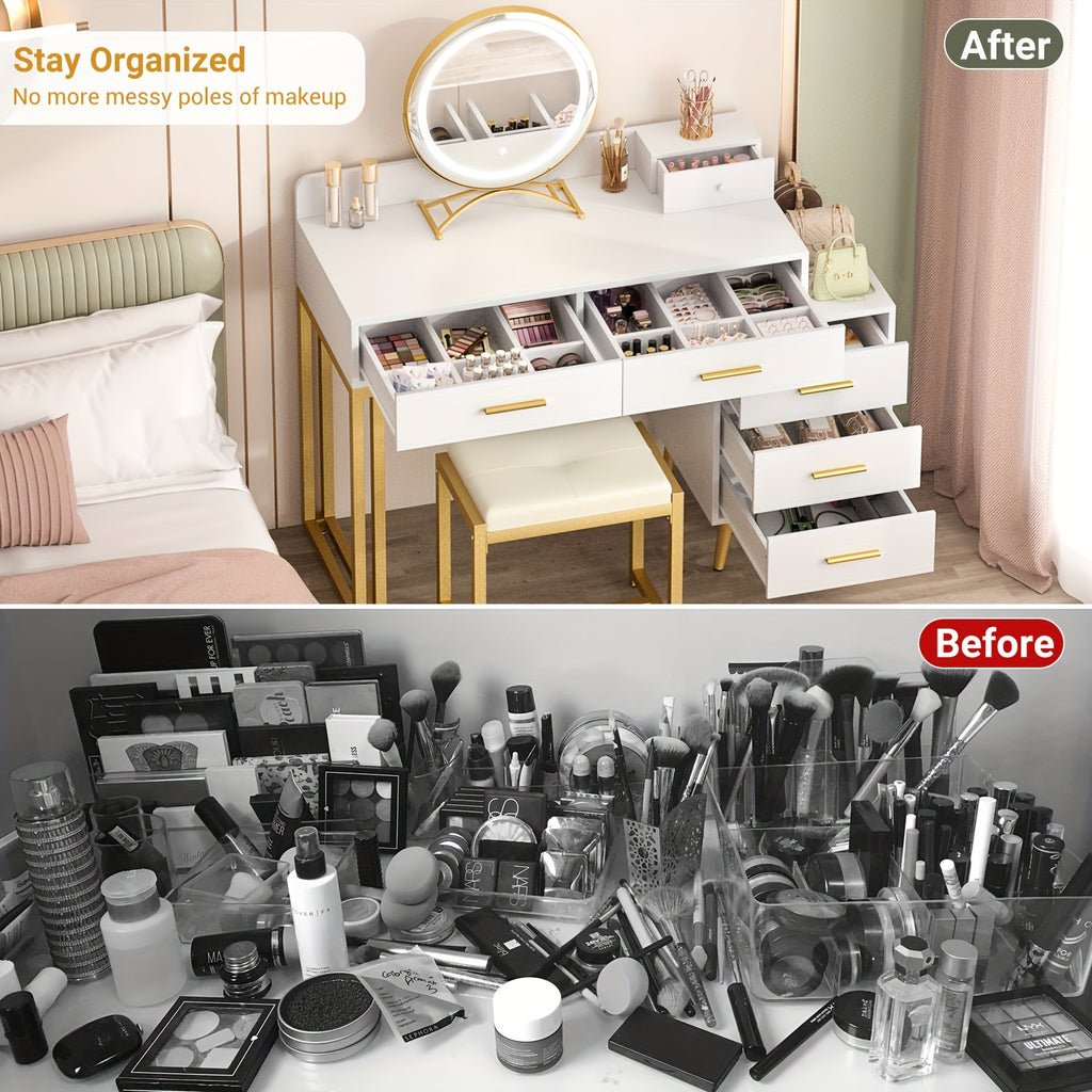 Vanity Desk with Mirror and Lights, Modern Makeup Vanity Table Set with 6 Storage Drawers and Cushioned Stool for Bedroom, Dressing Table with Divided Organizers for Women Girls