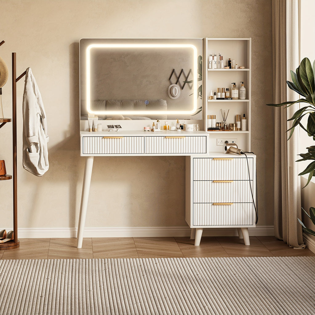Dressing Table Featuring a Mirror And Lighting, 44-Inch Makeup Station with a Grooved Storage Drawer, Cabinet, Three LED Lighting Options, And a Power Outlet Suitable for a Bedroom