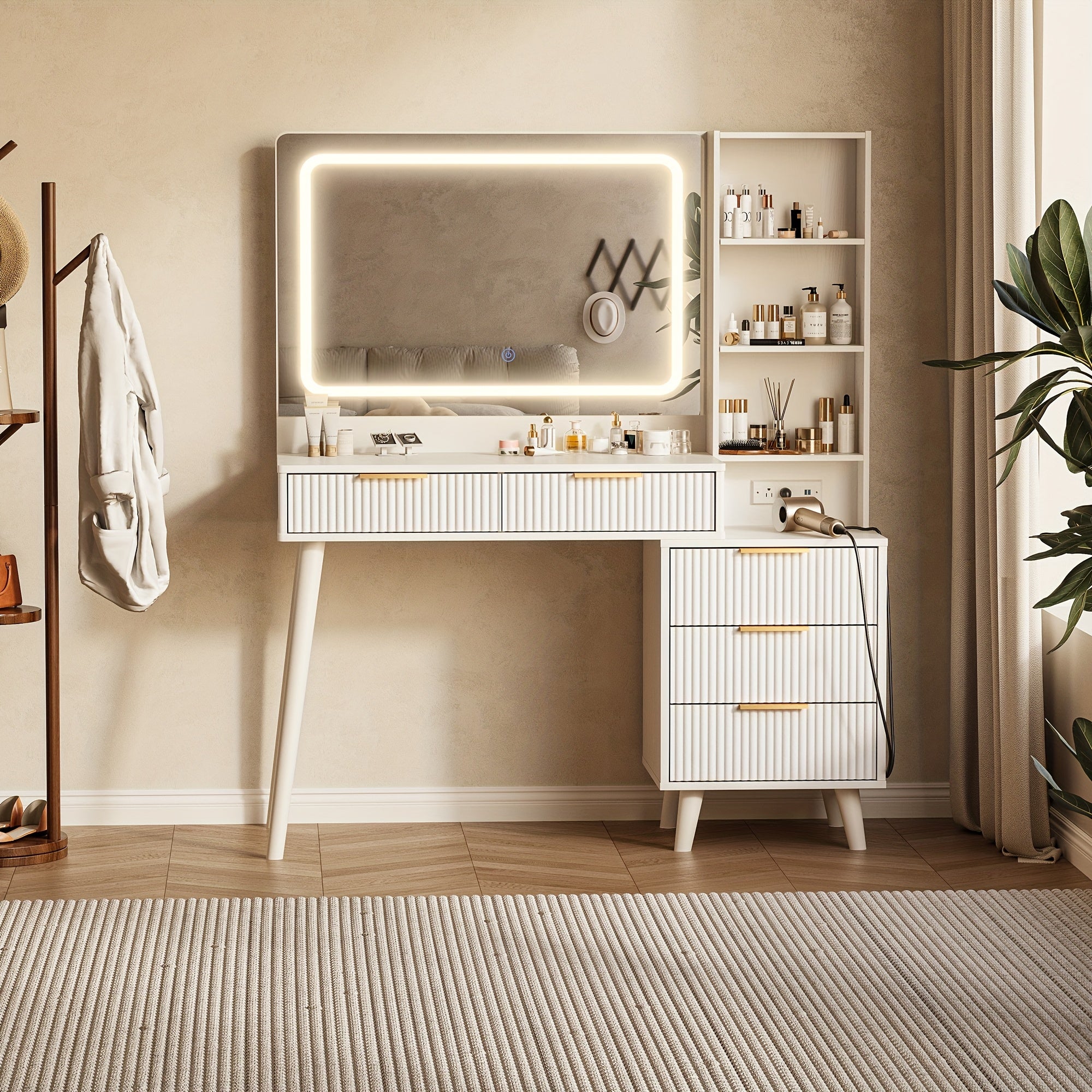 Dressing Table Featuring a Mirror And Lighting, 44-Inch Makeup Station with a Grooved Storage Drawer, Cabinet, Three LED Lighting Options, And a Power Outlet Suitable for a Bedroom