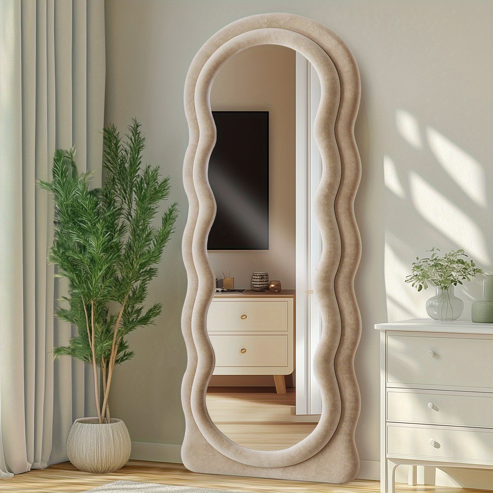 63x24 Inches Flannel Frame Wavy Full Length Mirror, Hanging or Leaning Mirror, Irregular Makeup Mirror Elegant Wall Mirror for Bedroom Cloakroom Bathroom Living Room Decorative