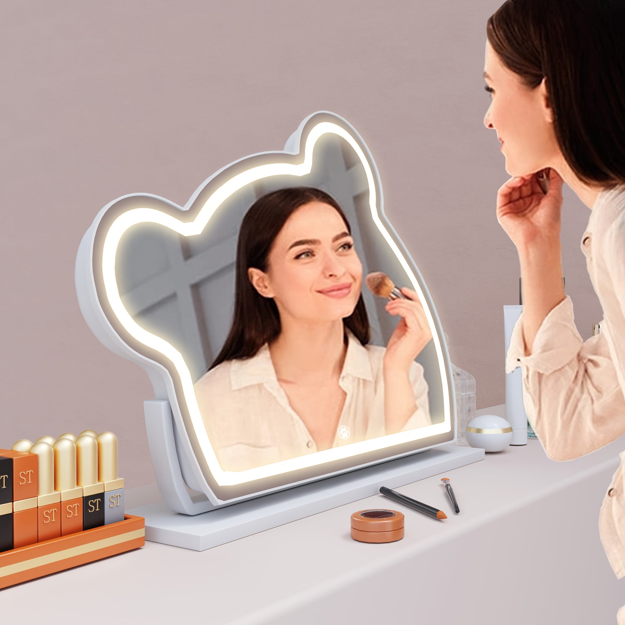 Bear LED Makeup Mirror with Light & Touch Sensor, Touch-Activated & Dimmable Color Adjustable Mirror, Cute Bear Vanity Mirror Suitable for, Salon, Dressing Table - Low Voltage Operation