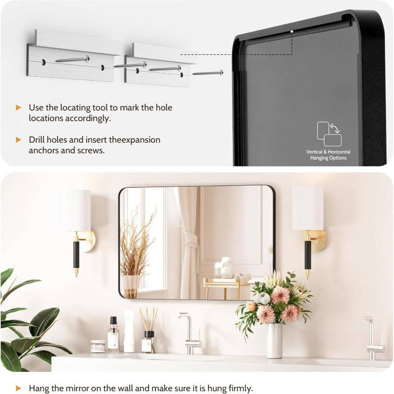 Large Wall\u002FMountable Bathroom Mirror 30x36 Inch - Modern Full-Length Vanity Mirror with Tempered Glass & Metal Frame Suitable for Bathroom, Dressing Room - Horizontally or Vertically Hanging