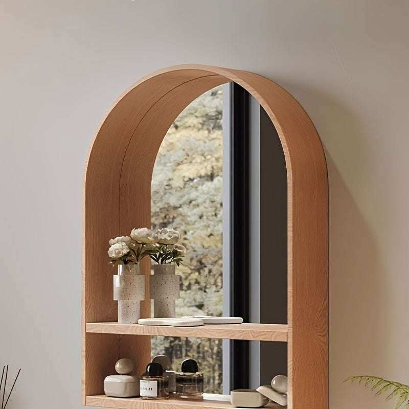 Wall-Mounted Vanity Mirror Solid Beech Wood Wall-Mounted Makeup Vanity Mirror with Integrated Storage Shelves - Coastal-Themed Arched Design, Polished Finish for Bedroom, Entryway, Bathroom Decor, Natural Grain Finish