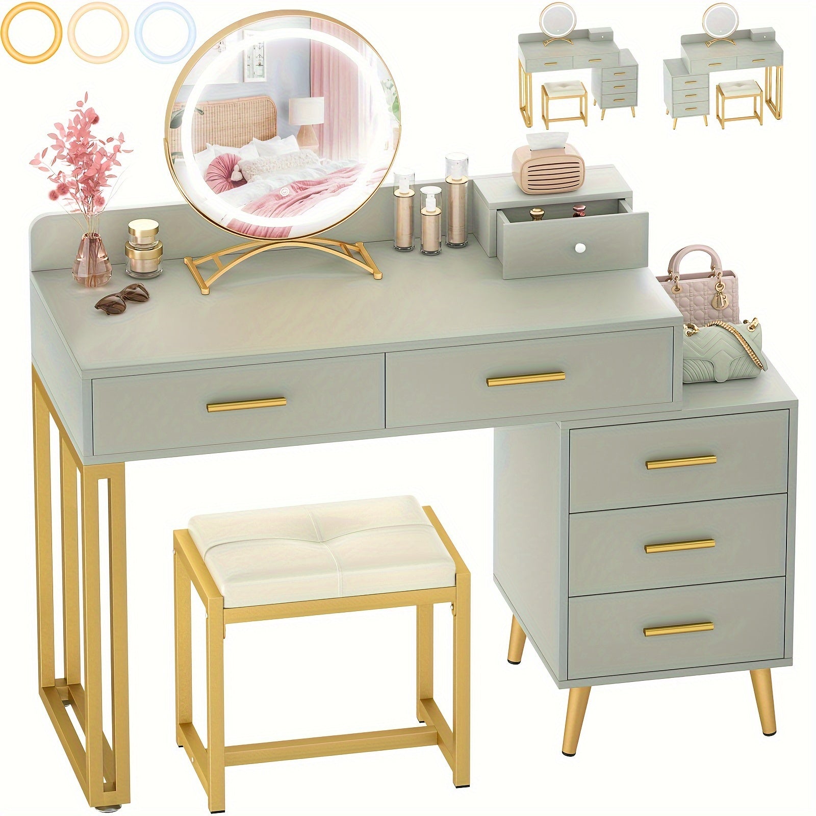 Vanity Desk with Mirror and Lights, Modern Makeup Vanity Table Set with 6 Storage Drawers and Cushioned Stool for Bedroom, Dressing Table with Divided Organizers for Women Girls