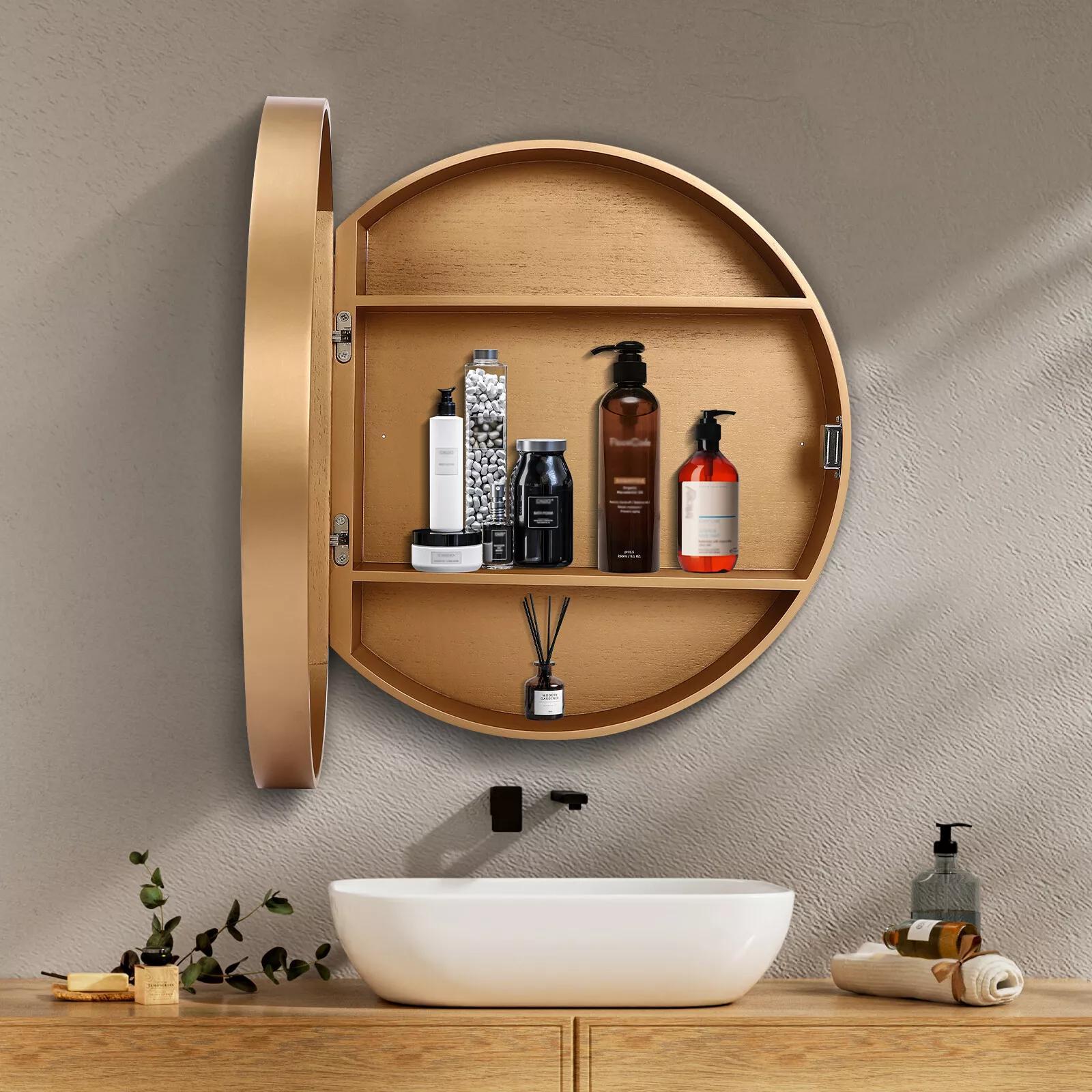 CNCEST Round Golden Bathroom Mirror Cabinet Wall-mounted Organizer Makeup Mirror Cabinet