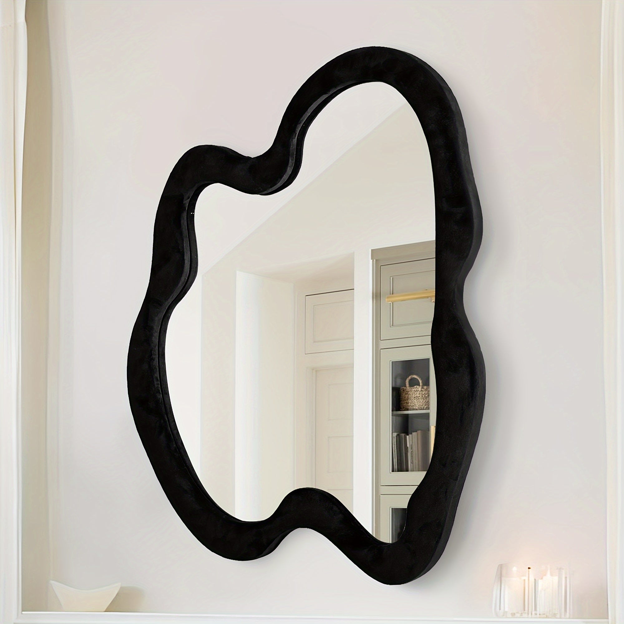 Irregular Mirror, Asymmetrical Wall Mirror, Black Wavy Mirror With Flannel Wrapped Wooden Frame, Modern Decorative Mirror For Living Room, Entryway, Bedroom, Dining Room, Living Room
