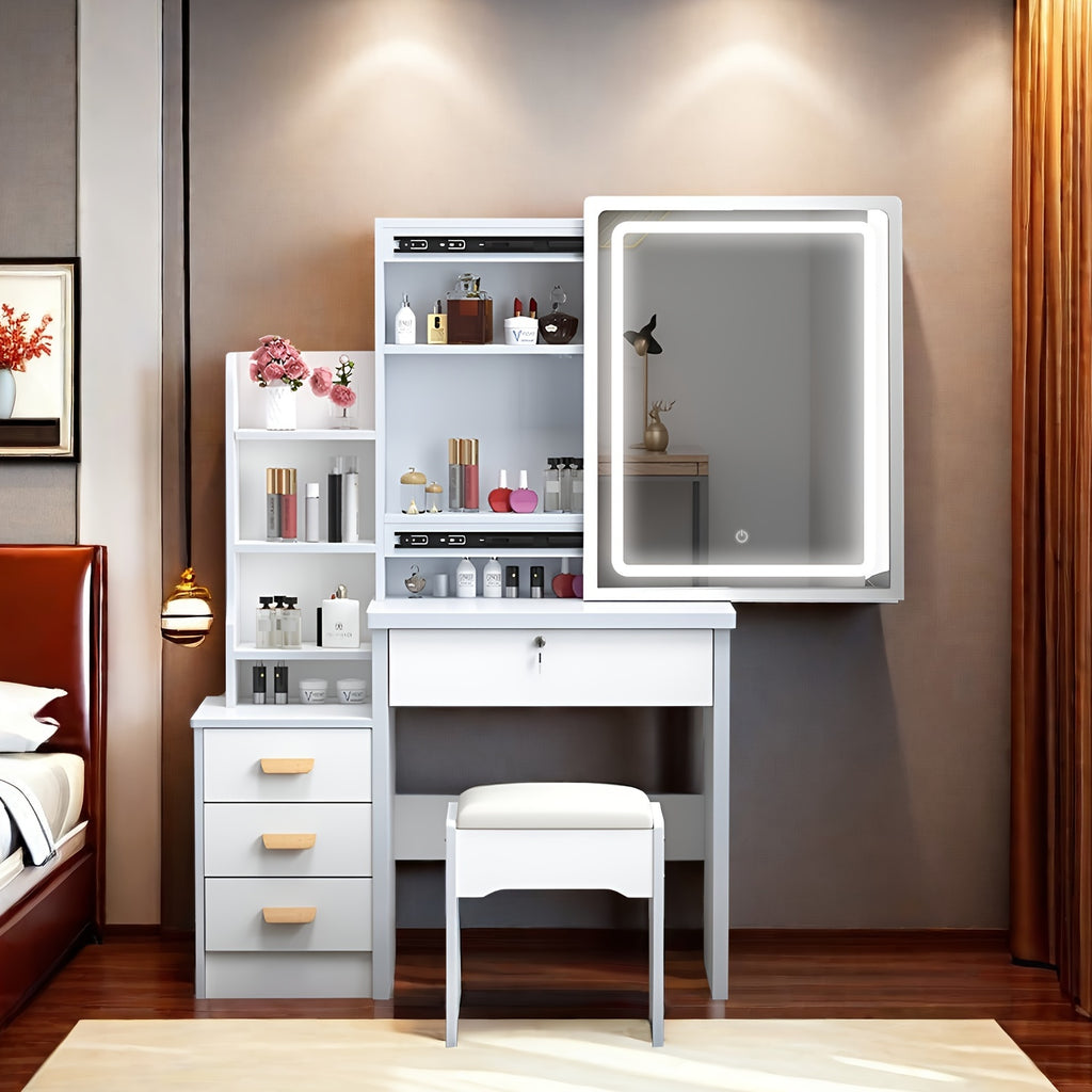 White Dressing Table with Sliding Mirror & Stool 4 Drawers Home High-End Bedroom Dressing Cabinet Integrated Small Apartment