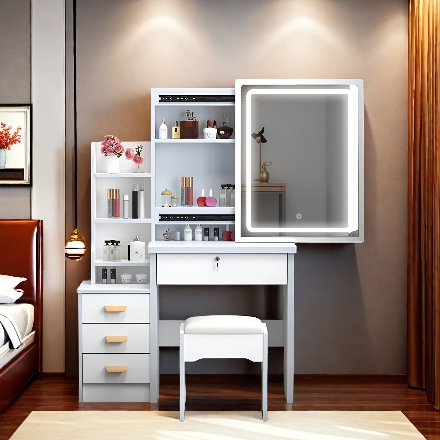 White Dressing Table with Sliding Mirror & Stool 4 Drawers Home High-End Bedroom Dressing Cabinet Integrated Small Apartment