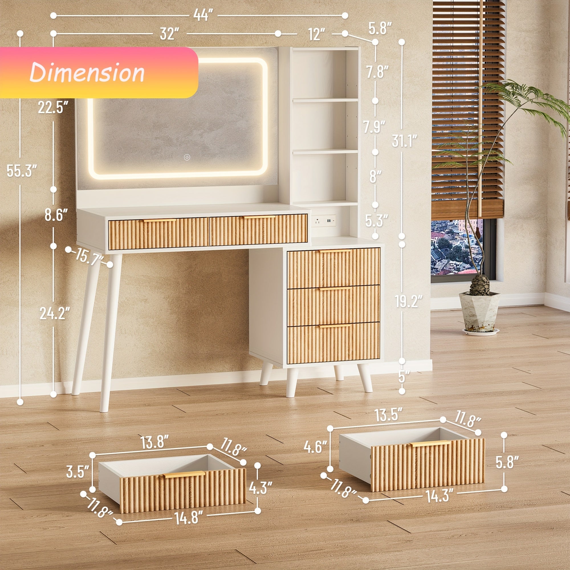 Dressing Table Featuring a Mirror And Lighting, 44-Inch Makeup Station with a Grooved Storage Drawer, Cabinet, Three LED Lighting Options, And a Power Outlet Suitable for a Bedroom