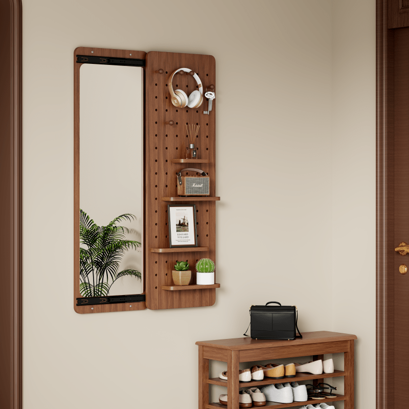 Full-Length Wall Mirror with Storage Shelf & Hooks - Arched Top Design Full Body Mirror with Multifunctional Panel, Space-Saving Vertical\u002FHorizontal Mount, Walnut Finish - Sturdy Glass Construction for Bedroom, Living Room, Entryway - 47.6\