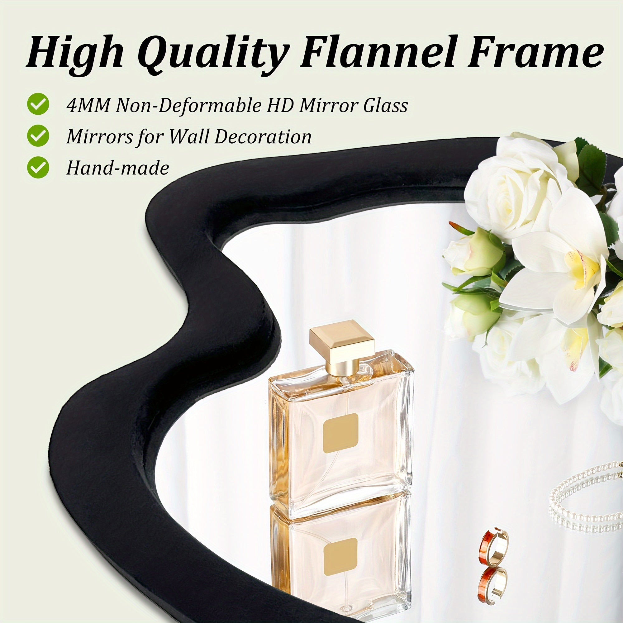 Rregular Wall Mirror Asymmetrical Mirror, Black Wavy Mirror With Flannel Frame, Decorative Wall Mirror For Bedroom, Livingroom, Entryway