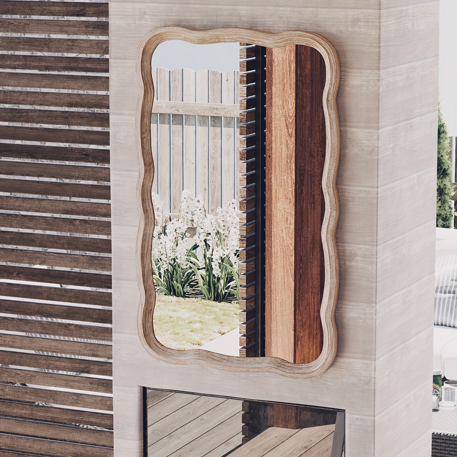 Farmhouse Curved Wood Frame Accent Mirror, Farmhouse French Country Decorative Wall Mirror