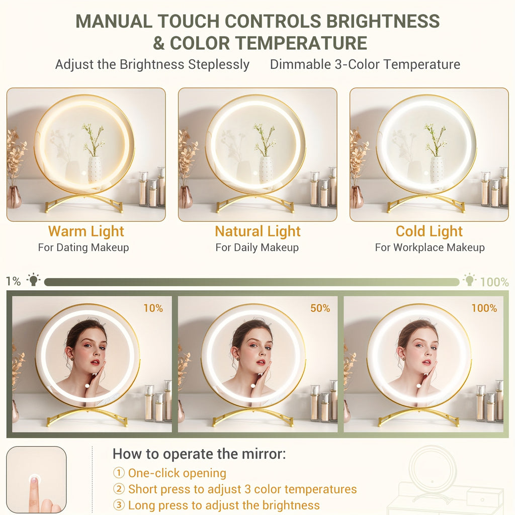 Vanity Desk with Mirror and Lights, Modern Makeup Vanity Table Set with 6 Storage Drawers and Cushioned Stool for Bedroom, Dressing Table with Divided Organizers for Women Girls