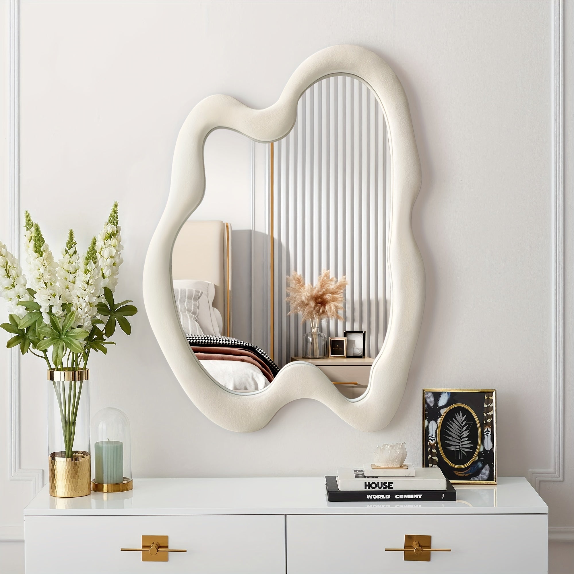 Rregular Wall Mirror Asymmetrical Mirror, Black Wavy Mirror With Flannel Frame, Decorative Wall Mirror For Bedroom, Livingroom, Entryway