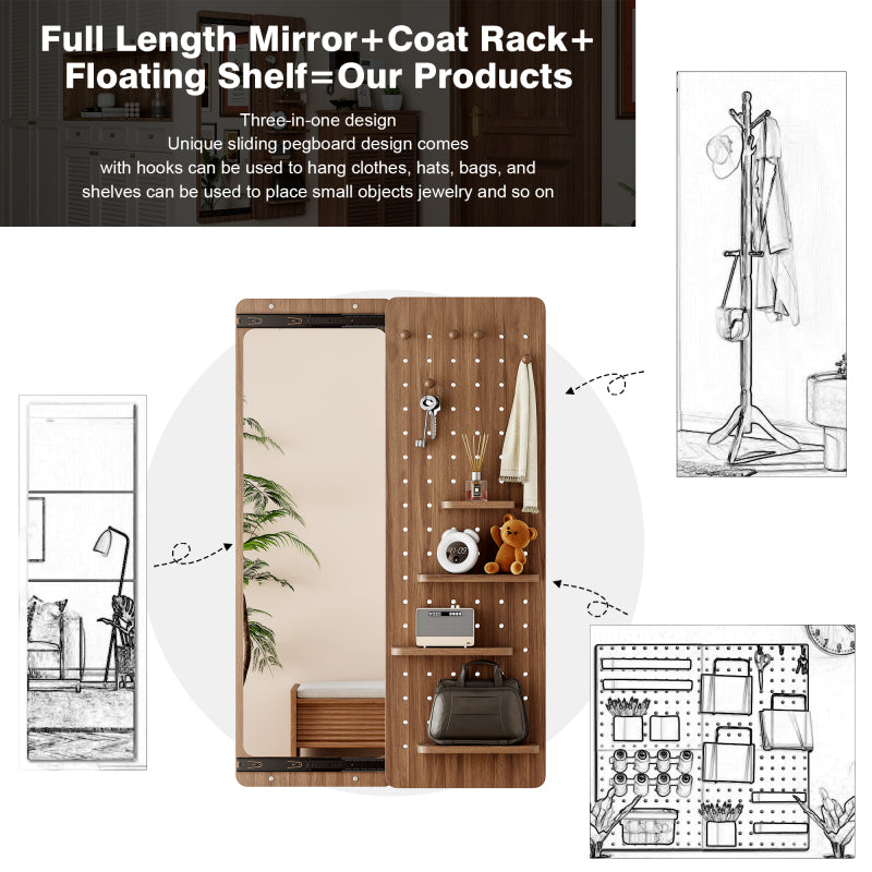 Full-Length Wall Mirror with Storage Shelf & Hooks - Arched Top Design Full Body Mirror with Multifunctional Panel, Space-Saving Vertical\u002FHorizontal Mount, Walnut Finish - Sturdy Glass Construction for Bedroom, Living Room, Entryway - 47.6\