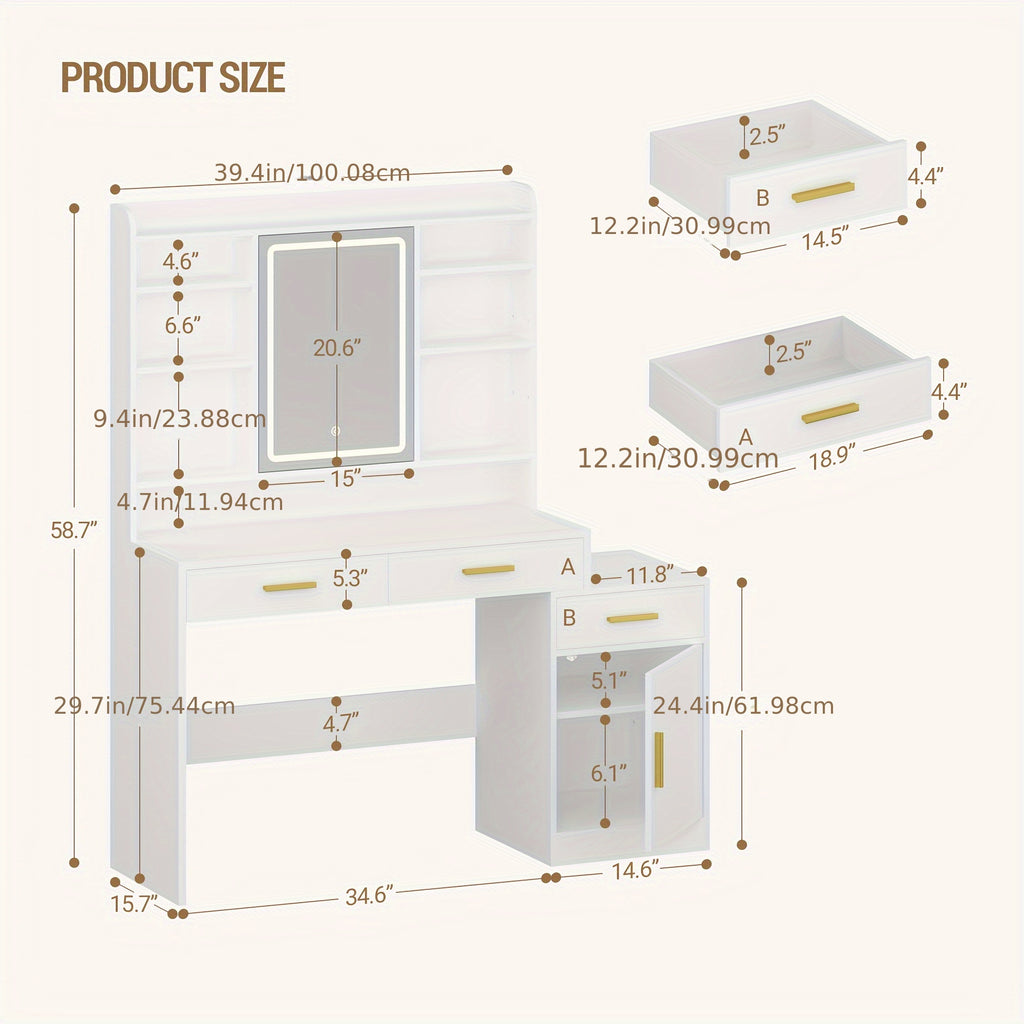 Large Vanity Desk with Light Mirror, Makeup Vanity Dressing Table with 3 Drawers, 6 Adjustable Shelves, Storage Cabinet, Bedroom Vanity Table for Women, Holiday Gift Guide