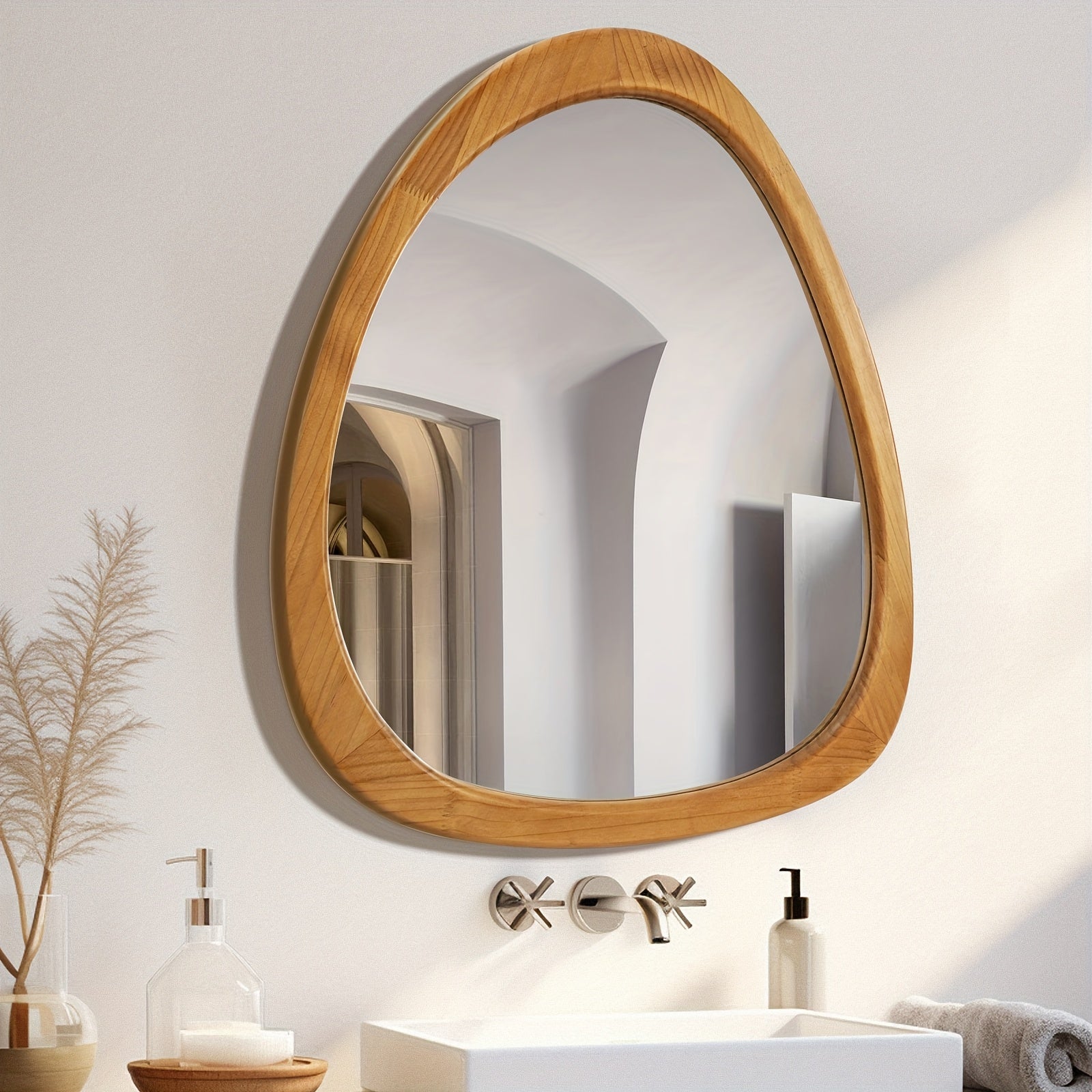 1pc 19*23in Fashionable Pebble Asymmetric Wood Mirror For Home Decor, Bathroom And Living Room, Wall-Mounted Vanity Mirror, Natural, Walnut And Black