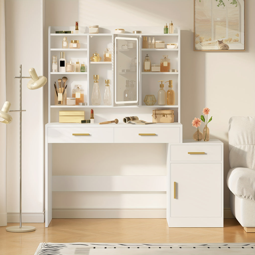 Large Vanity Desk with Light Mirror, Makeup Vanity Dressing Table with 3 Drawers, 6 Adjustable Shelves, Storage Cabinet, Bedroom Vanity Table for Women, Holiday Gift Guide