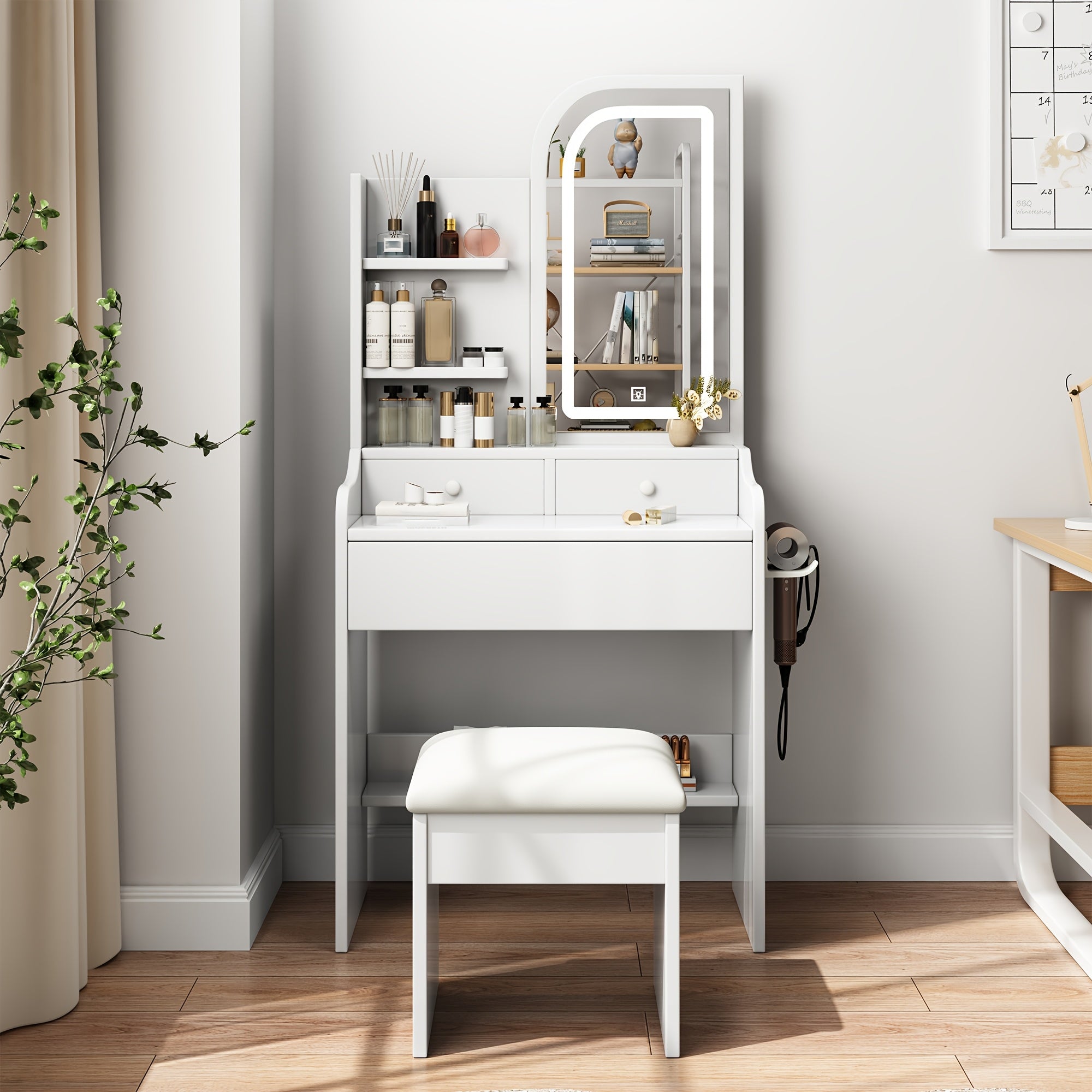 White Dressing Table with Sliding Mirror & Stool 4 Drawers Home High-End Bedroom Dressing Cabinet Integrated Small Apartment
