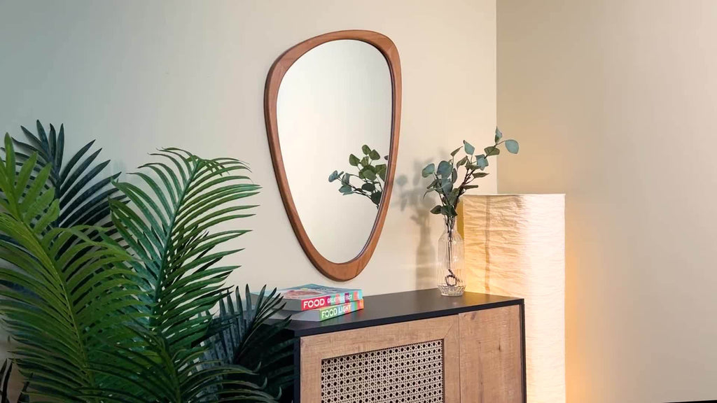 1pc 19*23in Fashionable Pebble Asymmetric Wood Mirror For Home Decor, Bathroom And Living Room, Wall-Mounted Vanity Mirror, Natural, Walnut And Black