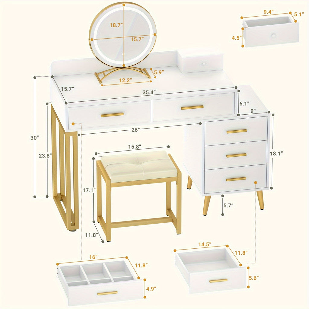 Vanity Desk with Mirror and Lights, Modern Makeup Vanity Table Set with 6 Storage Drawers and Cushioned Stool for Bedroom, Dressing Table with Divided Organizers for Women Girls