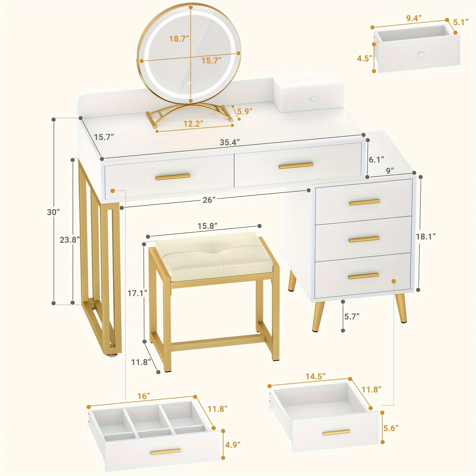 Vanity Desk with Mirror and Lights, Modern Makeup Vanity Table Set with 6 Storage Drawers and Cushioned Stool for Bedroom, Dressing Table with Divided Organizers for Women Girls