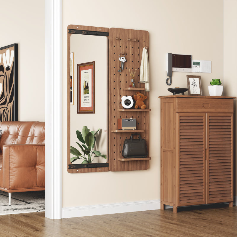 Full-Length Wall Mirror with Storage Shelf & Hooks - Arched Top Design Full Body Mirror with Multifunctional Panel, Space-Saving Vertical\u002FHorizontal Mount, Walnut Finish - Sturdy Glass Construction for Bedroom, Living Room, Entryway - 47.6\