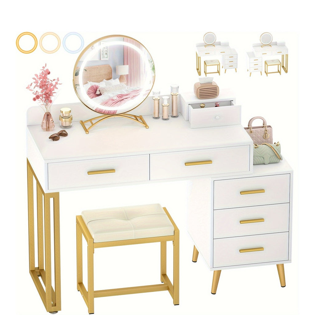 Vanity Desk with Mirror and Lights, Modern Makeup Vanity Table Set with 6 Storage Drawers and Cushioned Stool for Bedroom, Dressing Table with Divided Organizers for Women Girls