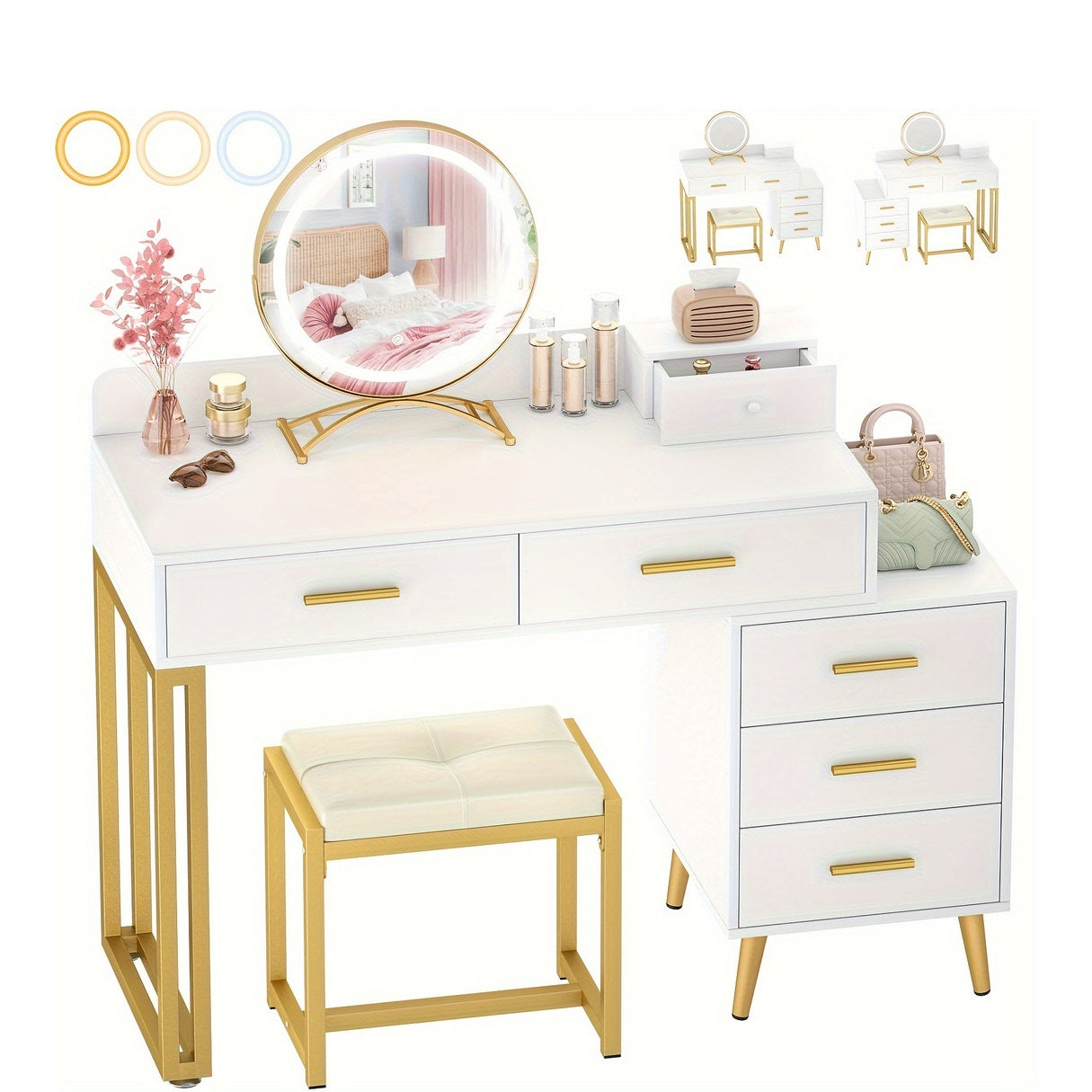 Vanity Desk with Mirror and Lights, Modern Makeup Vanity Table Set with 6 Storage Drawers and Cushioned Stool for Bedroom, Dressing Table with Divided Organizers for Women Girls