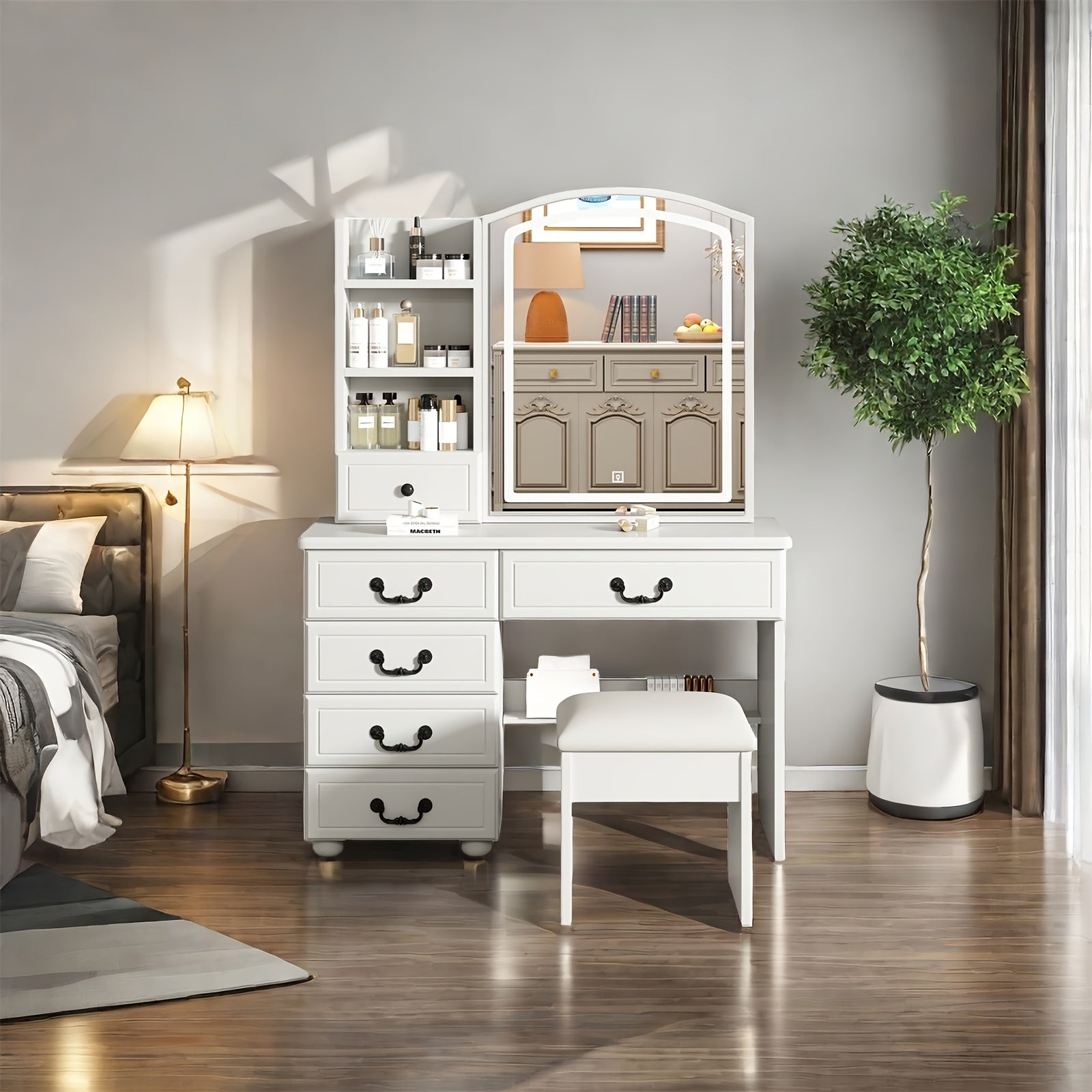 White Dressing Table with Sliding Mirror & Stool 4 Drawers Home High-End Bedroom Dressing Cabinet Integrated Small Apartment